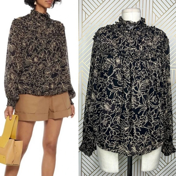 Nicholas Romi Ruffle Trimmed Graphic Floral Blouse in Cocoa Size US 4 - Picture 1 of 12